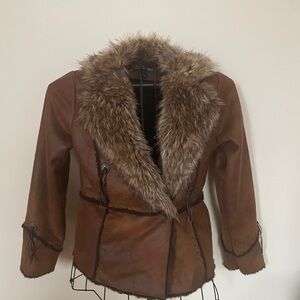 New York & Company Brown Leather Jacket with Faux Fur Trim